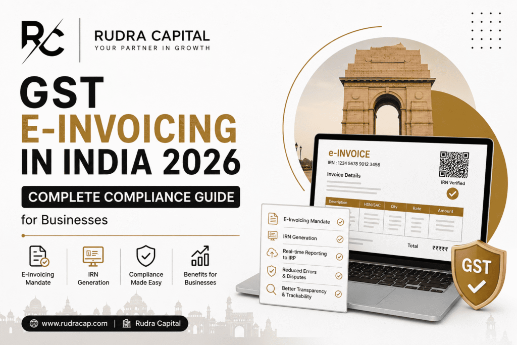 Featured image for GST E-Invoicing in India 2026 showing e-invoice dashboard, QR code invoice, compliance checklist, GST shield, and Rudra Capital branding.