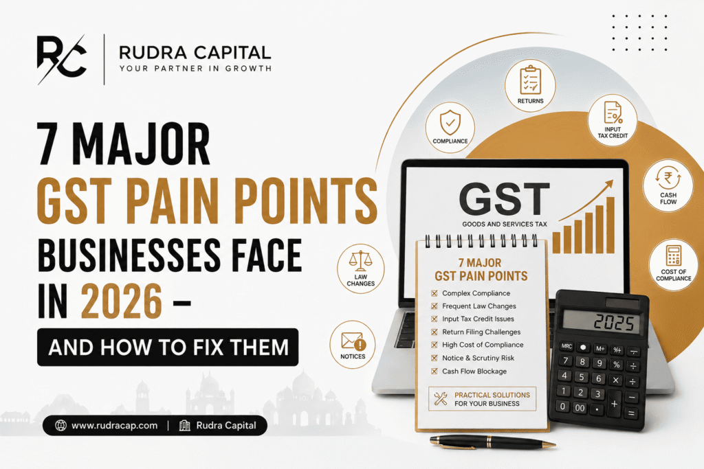 Featured image for a GST blog by Rudra Capital showing “7 Major GST Pain Points Businesses Face in 2026 – And How to Fix Them” with GST compliance icons, laptop, calculator, and business graphics in black and gold theme.
