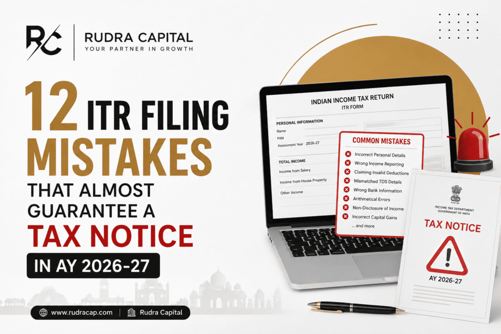 Featured image for Rudra Capital blog titled “12 ITR Filing Mistakes That Almost Guarantee a Tax Notice in AY 2026-27” featuring an income tax return form on a laptop screen, tax notice document, warning siren, and corporate branding in a modern professional layout.