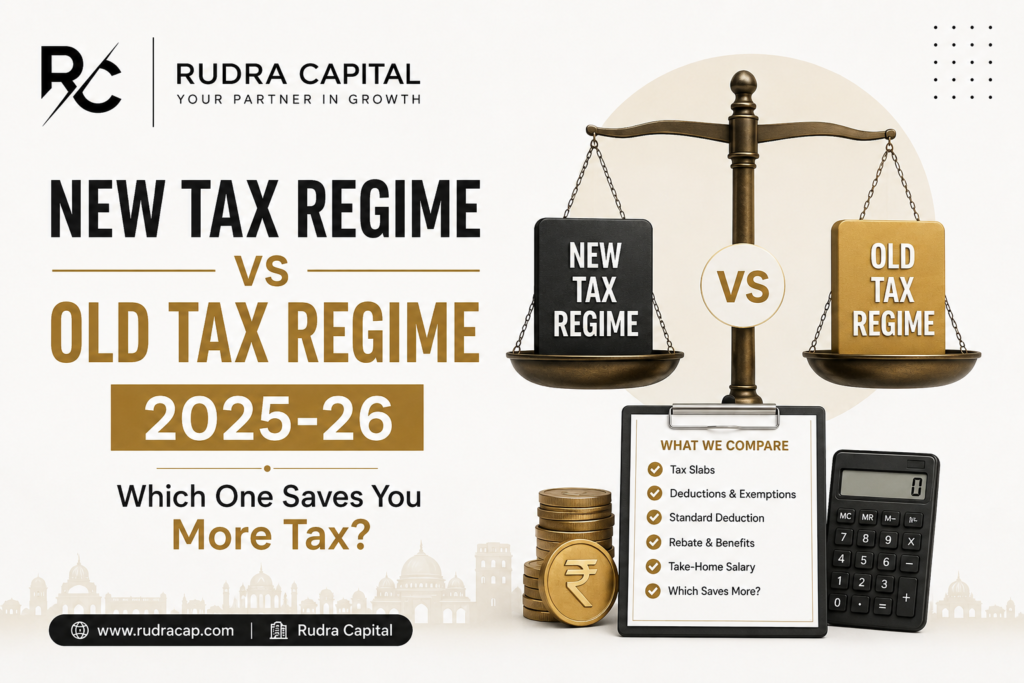 Featured image comparing the New Tax Regime vs Old Tax Regime for FY 2025-26 with balance scale, tax comparison elements, calculator, coins, and Rudra Capital branding.