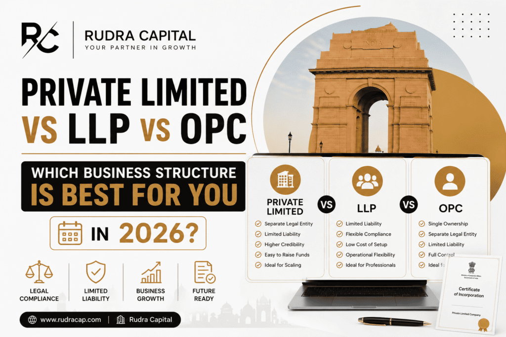 Featured image for a blog on converting an LLP to a Private Limited Company in India in 2026, showing Rudra Capital branding, India Gate, incorporation certificate, laptop with conversion checklist, and corporate compliance visuals in a premium black, white, and gold design.