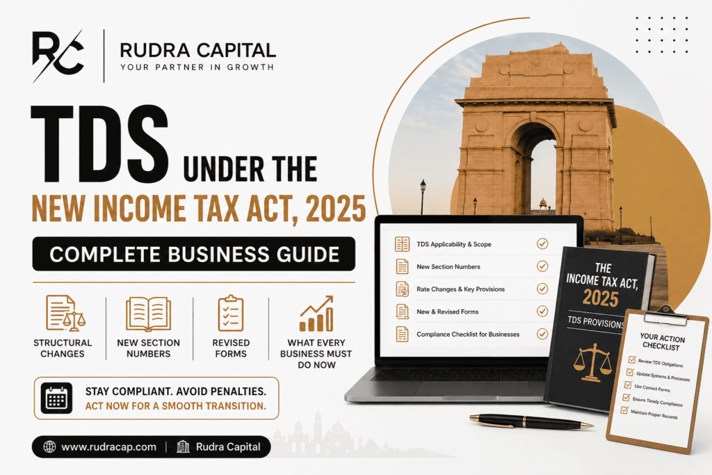 Featured image for a business tax compliance guide on TDS under the New Income Tax Act, 2025, featuring Rudra Capital branding, India Gate, a laptop displaying TDS compliance updates, a handbook on TDS provisions, and a business action checklist in a professional black, white, and gold design.