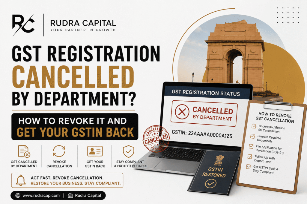 Featured image for a GST registration revocation guide showing a cancelled GST registration notice, GSTIN restoration process, compliance checklist, and Rudra Capital branding in a professional black, white, and gold design.