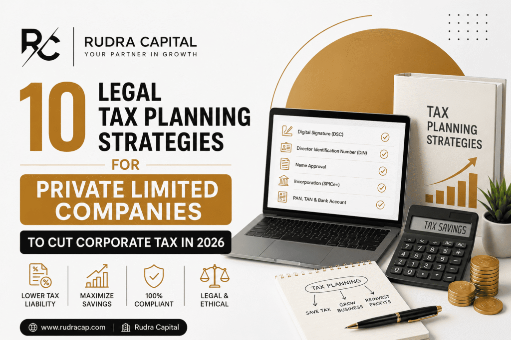 Professional featured image for a tax planning blog showing “10 Legal Tax Planning Strategies for Private Limited Companies to Cut Corporate Tax in 2026” with Rudra Capital branding, laptop, calculator, tax planning book, financial growth graphics, and corporate tax-saving elements in black, white, and gold theme.