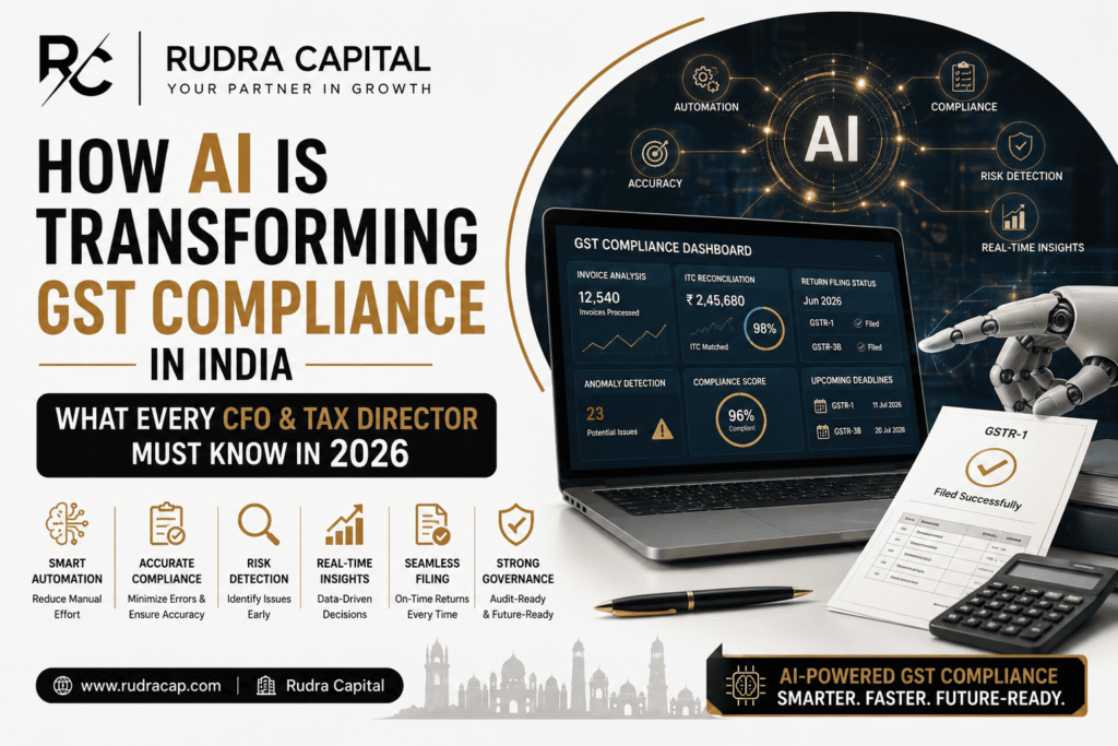 How AI Is Transforming GST Compliance in India — What Every CFO and Tax Director Must Know in 2026 featured image by Rudra Capital, showcasing AI-powered GST compliance, automation, analytics dashboard, digital tax management, and business intelligence tools with a modern corporate design.