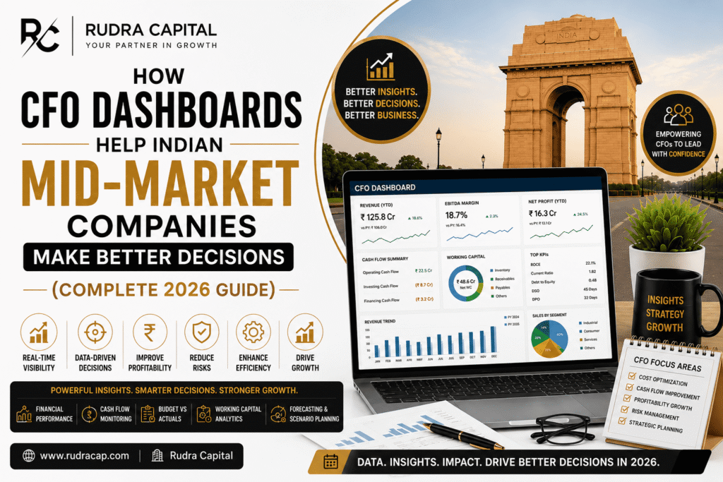 Professional CFO dashboard featured image showing financial performance metrics, KPI dashboards, cash flow analytics, profitability insights, and strategic decision-making tools for Indian mid-market companies. The design includes a modern business dashboard displayed on a laptop with growth indicators, financial charts, and Rudra Capital branding.