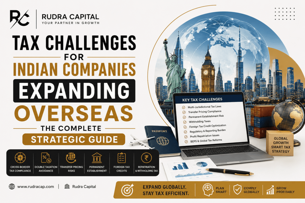 Tax Challenges for Indian Companies Expanding Overseas featured image showing global business expansion, international taxation, cross-border compliance, transfer pricing, foreign tax regulations, and strategic tax planning for Indian businesses operating internationally, with Rudra Capital branding.