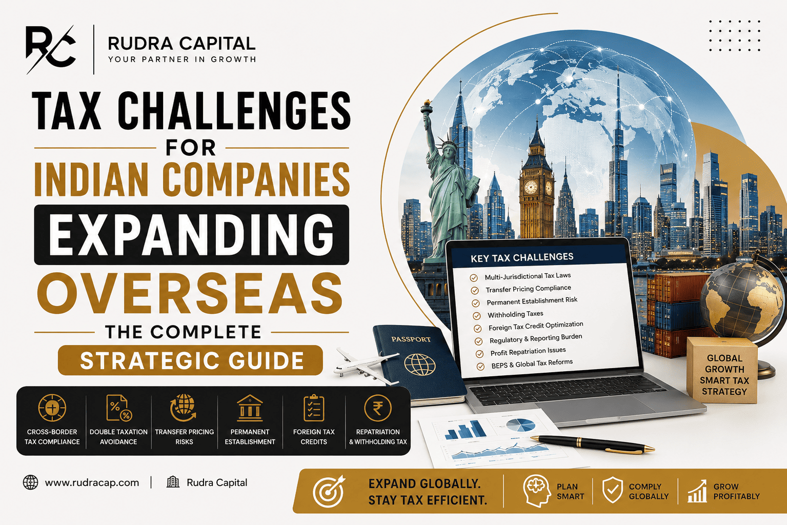 Tax Challenges for Indian Companies Expanding Overseas featured image showing global business expansion, international taxation, cross-border compliance, transfer pricing, foreign tax regulations, and strategic tax planning for Indian businesses operating internationally, with Rudra Capital branding.