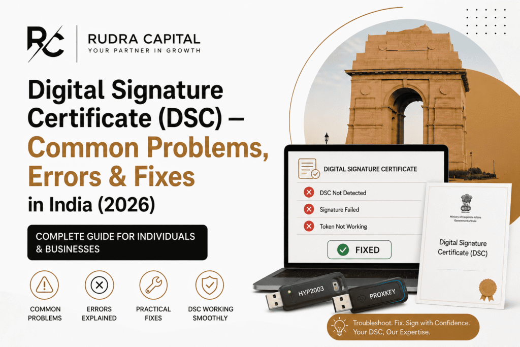 Digital Signature Certificate (DSC) — Common Problems, Errors & Fixes in India (2026) featured image showing a laptop displaying common DSC errors such as "DSC Not Detected," "Signature Failed," and "Token Not Working," alongside HYP2003 and ProxKey USB tokens, a DSC certificate, India Gate background, and Rudra Capital branding.