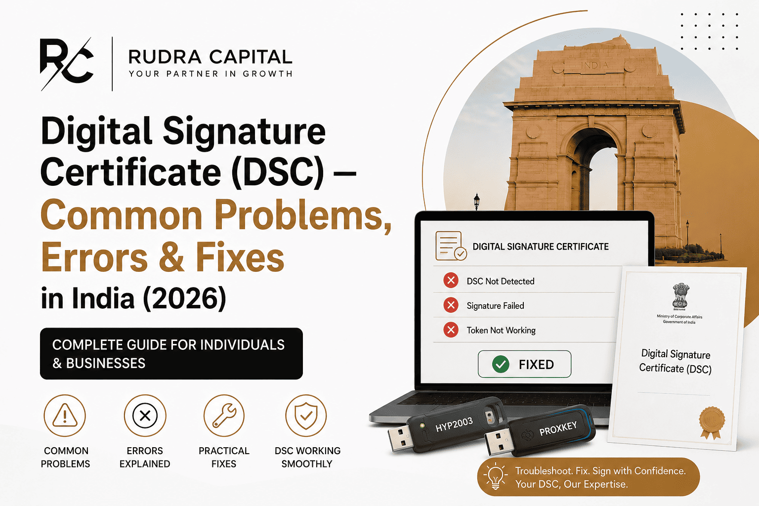 Digital Signature Certificate (DSC) — Common Problems, Errors & Fixes in India (2026) featured image showing a laptop displaying common DSC errors such as "DSC Not Detected," "Signature Failed," and "Token Not Working," alongside HYP2003 and ProxKey USB tokens, a DSC certificate, India Gate background, and Rudra Capital branding.