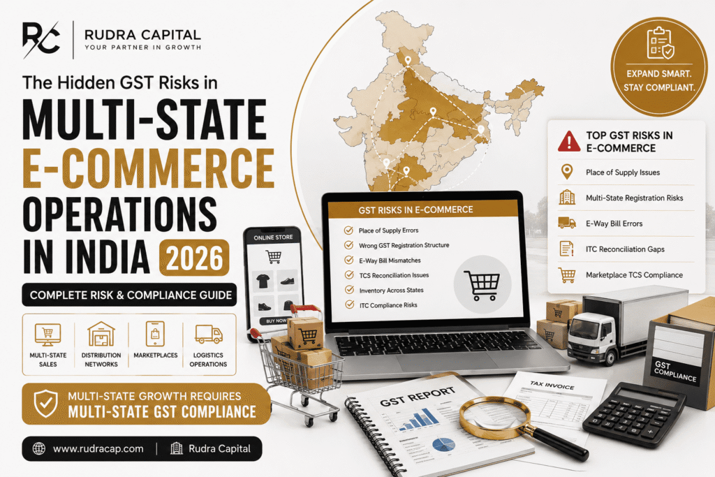 The Hidden GST Risks in Multi-State E-Commerce Operations in India – Complete Compliance & Risk Management Guide Featured image showing Rudra Capital branding with a premium corporate design, a digital map of India connected to multiple states, e-commerce logistics and warehouse icons, GST compliance dashboards, online marketplace symbols, and risk alerts representing hidden GST challenges faced by businesses operating across multiple Indian states.