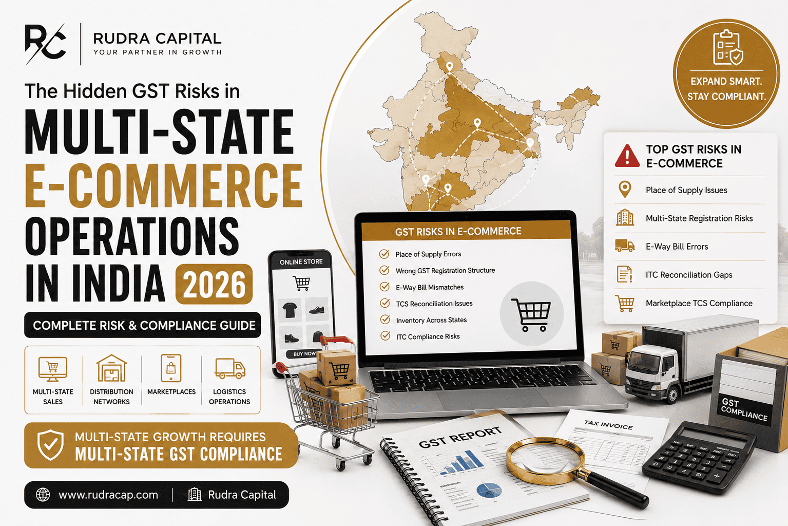 The Hidden GST Risks in Multi-State E-Commerce Operations in India – Complete Compliance & Risk Management Guide Featured image showing Rudra Capital branding with a premium corporate design, a digital map of India connected to multiple states, e-commerce logistics and warehouse icons, GST compliance dashboards, online marketplace symbols, and risk alerts representing hidden GST challenges faced by businesses operating across multiple Indian states.