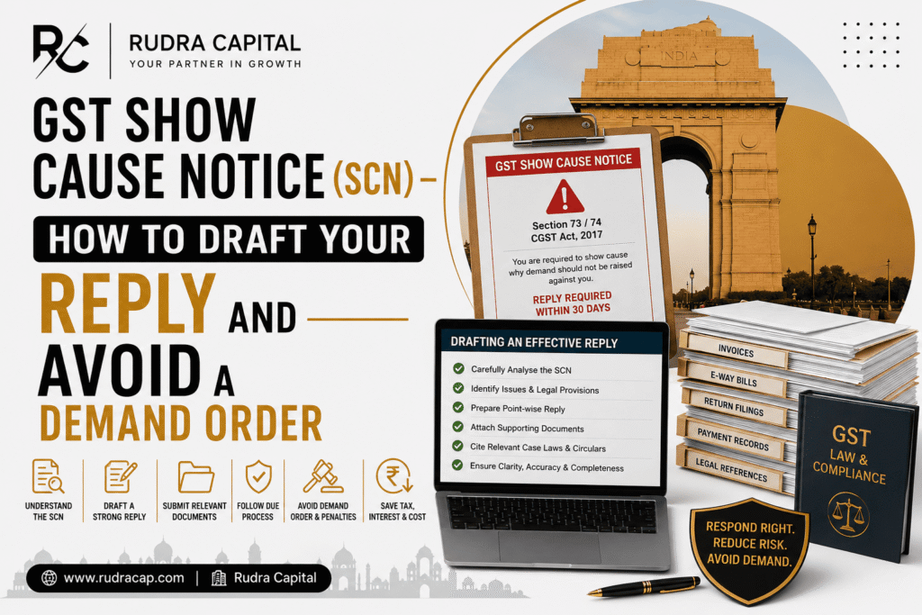 GST Show Cause Notice (SCN) guide showing how businesses can draft an effective reply and avoid a GST demand order through proper compliance, documentation, and legal response strategies.