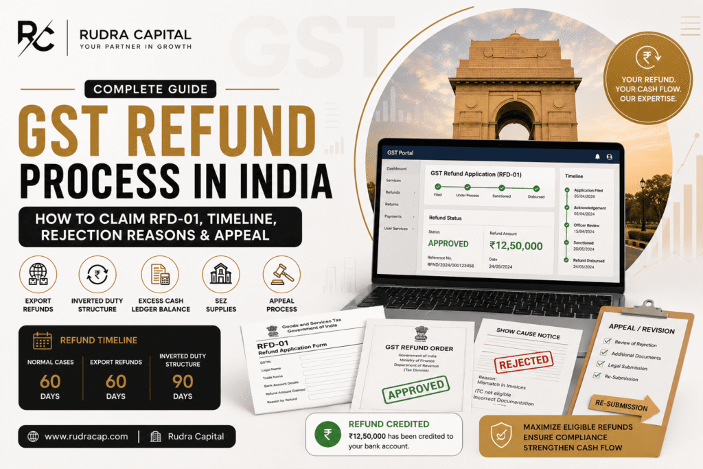 GST Refund Process in India guide featuring RFD-01 refund application filing, GST refund timeline, approved and rejected refund cases, appeal and re-submission process, refund status dashboard, and GST compliance documents with Rudra Capital branding.