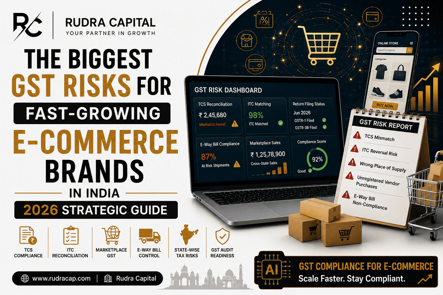 GST compliance dashboard for fast-growing e-commerce businesses showing TCS reconciliation, ITC matching, marketplace compliance, GST risk monitoring, and audit readiness in India