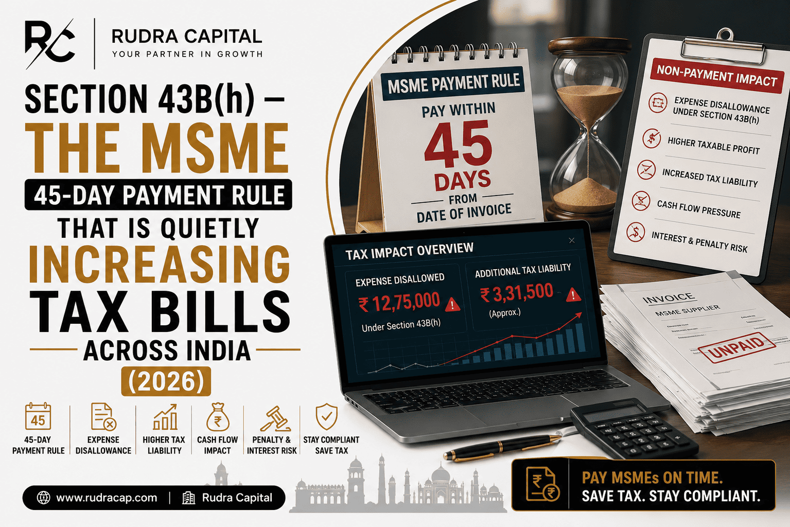 Section 43B(h) MSME payment rule infographic showing 45-day payment deadline, expense disallowance, increased tax liability, cash flow impact, and tax compliance requirements for businesses in India.