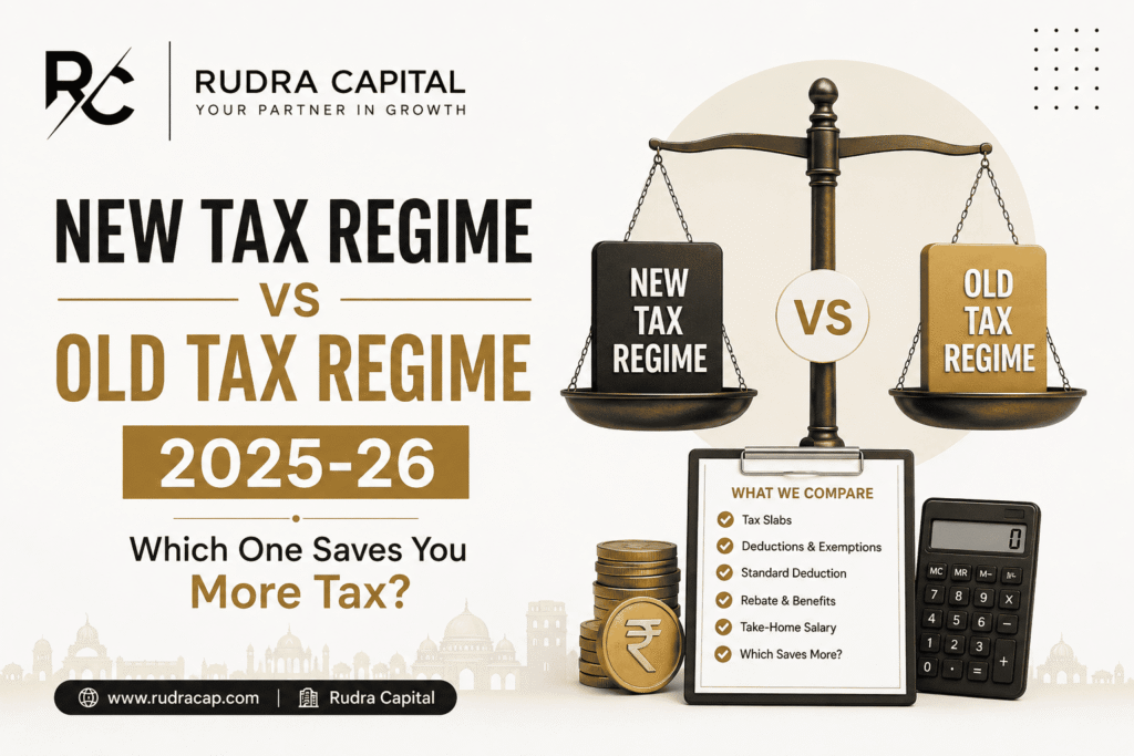 Featured image comparing the New Tax Regime vs Old Tax Regime for FY 2025-26 with balance scale, tax comparison elements, calculator, coins, and Rudra Capital branding.