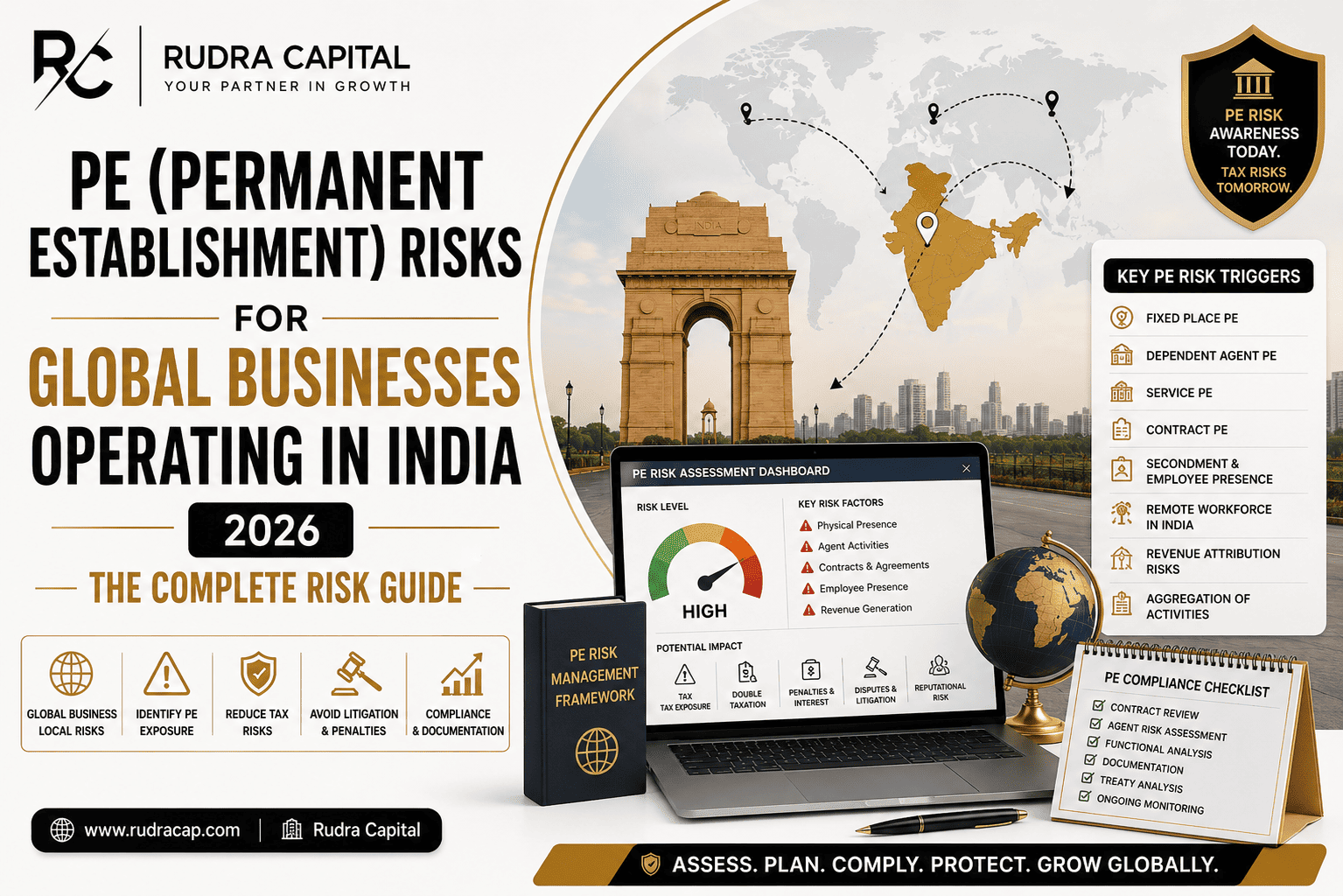 Professional featured image for a tax advisory blog titled “PE (Permanent Establishment) Risks for Global Businesses Operating in India (2026) — The Complete Risk Guide.” The design features a corporate blue-and-gold theme with a globe, India map highlights, international business icons, compliance documents, and risk assessment elements representing cross-border taxation and permanent establishment exposure in India.