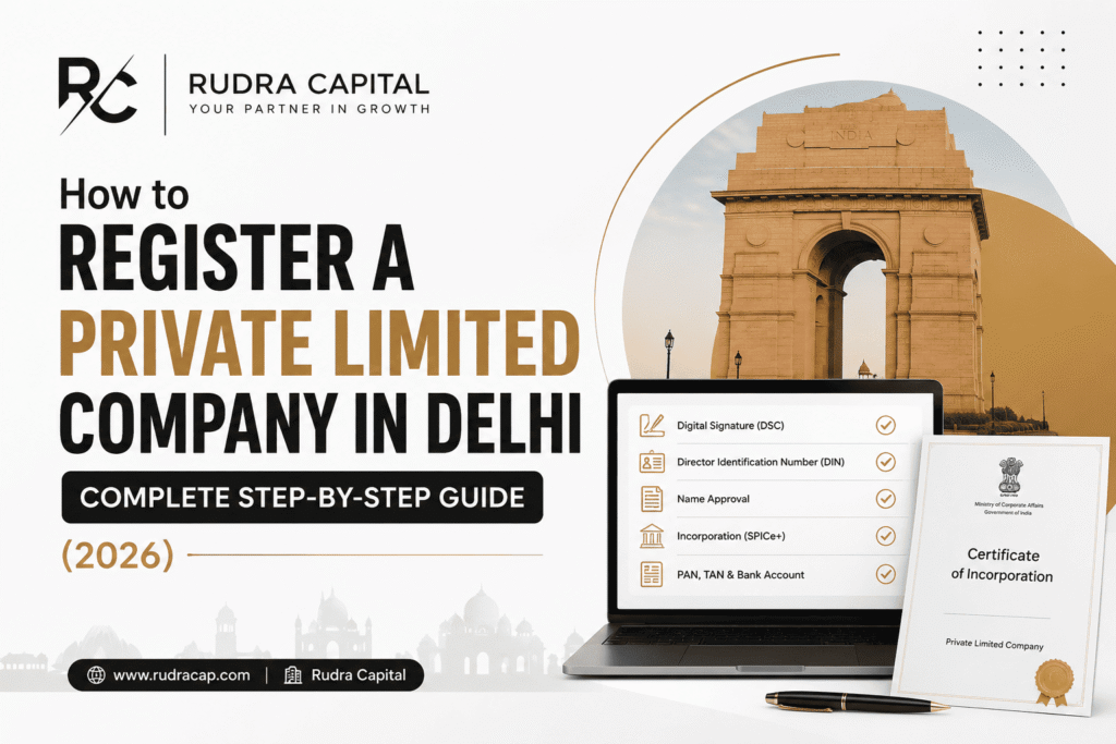 How to register a Private Limited Company in Delhi in 2026 featuring company incorporation process, DSC, DIN, name approval, SPICe+ registration, PAN, TAN, and Certificate of Incorporation.