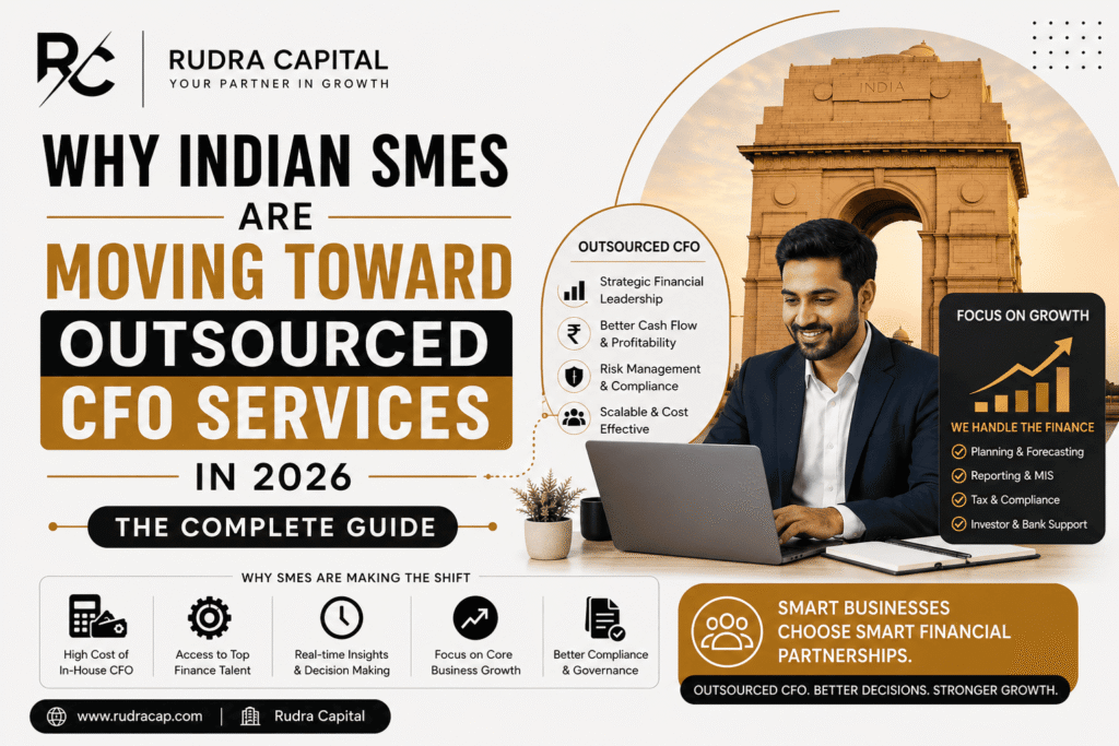 Why Indian SMEs Are Moving Toward Outsourced CFO Services in 2026 featured image showing a business professional working on a laptop, India Gate backdrop, outsourced CFO benefits dashboard, growth analytics, financial planning services, and Rudra Capital branding in a modern corporate design.