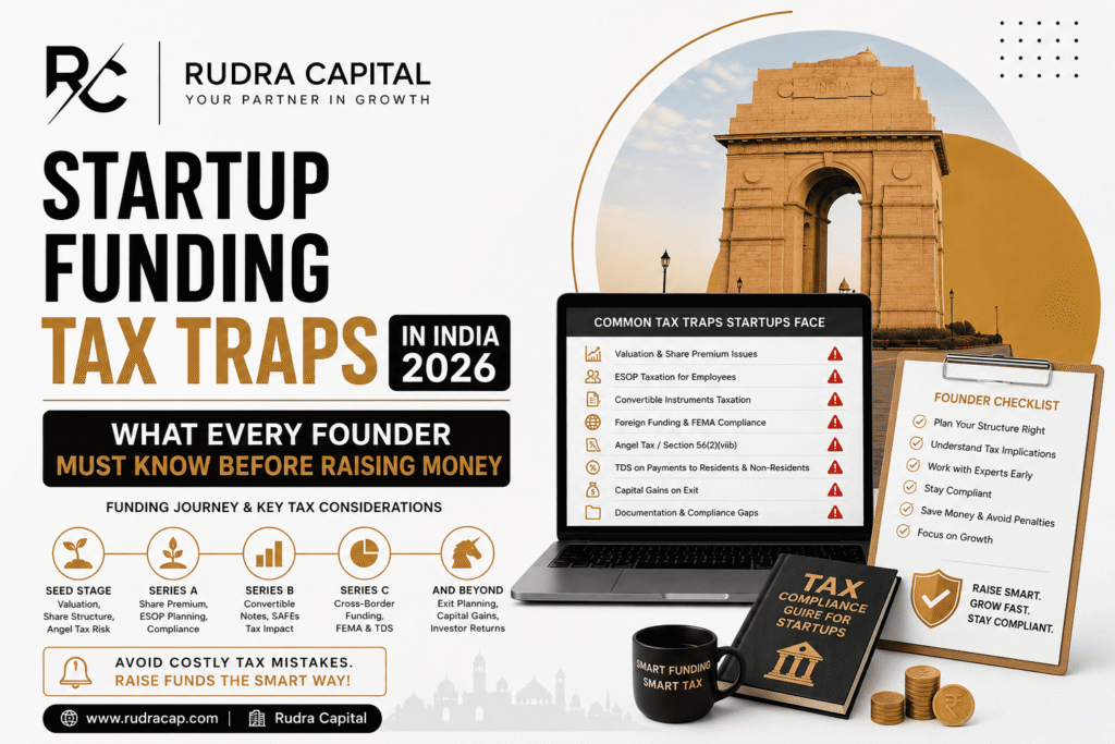 Featured image for a startup funding tax guide in India showing startup funding stages from Seed Stage to Series C, common tax traps for founders, investor funding compliance checklist, and startup tax planning elements in a professional black, white, and gold design.