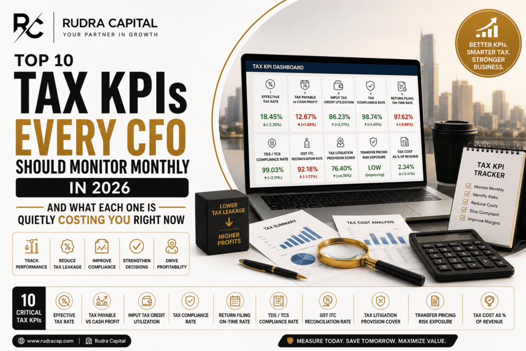 Featured image for Rudra Capital blog on Top 10 Tax KPIs Every CFO Should Monitor Monthly in 2026, featuring a tax KPI dashboard, financial reports, calculator, magnifying glass, and compliance analytics illustrating tax performance monitoring, cost control, and profitability improvement.