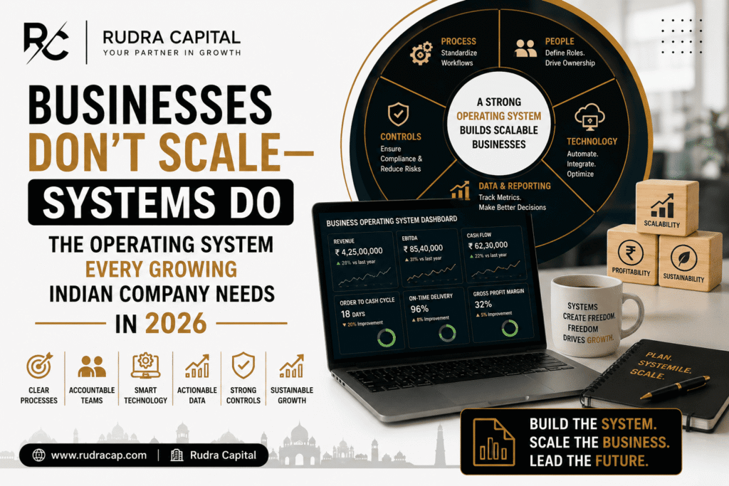 Business systems and process automation illustration showing how structured operating systems help growing Indian companies scale efficiently in 2026.