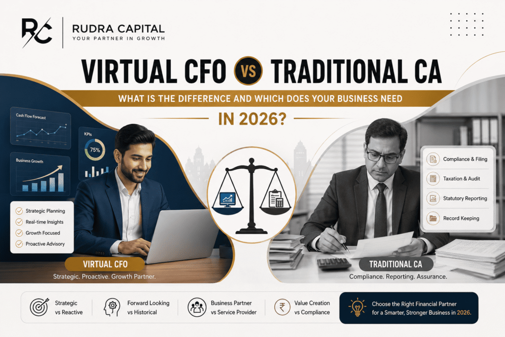 Virtual CFO vs Traditional CA comparison infographic for Indian businesses in 2026, featuring a Virtual CFO with business growth dashboards and strategic insights on one side, a Traditional Chartered Accountant focused on compliance and reporting on the other, with a balance scale illustrating the key differences between advisory and compliance services.