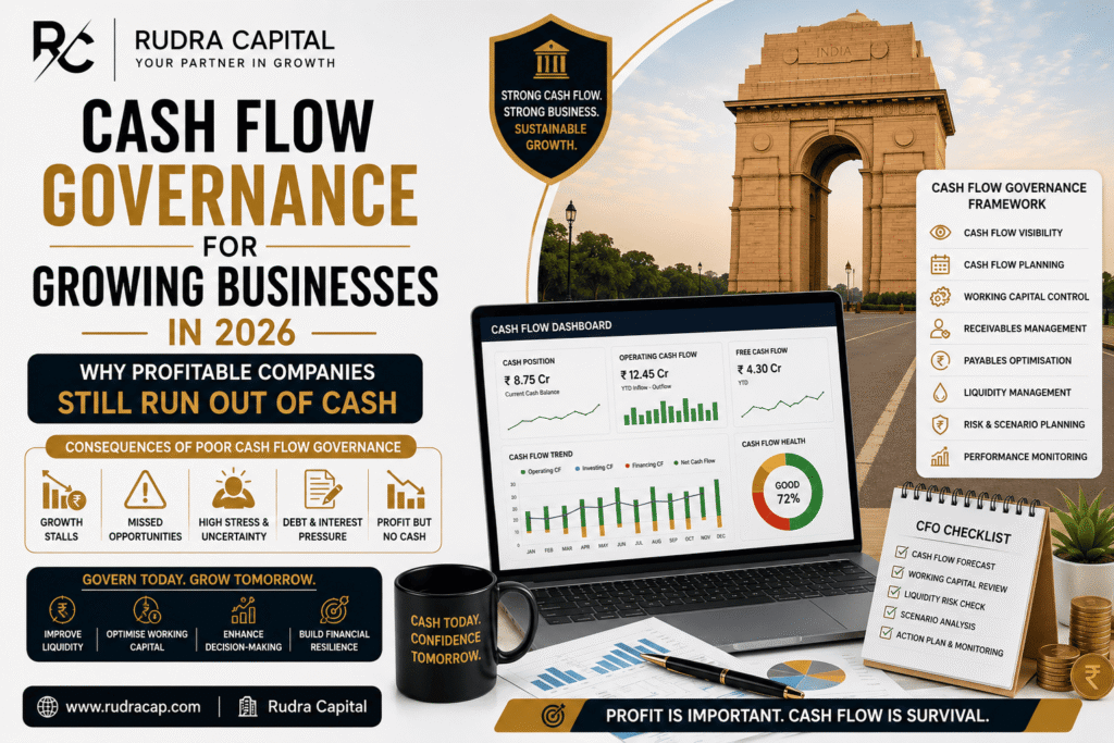 Corporate infographic by Rudra Capital explaining cash flow governance for growing businesses in 2026, featuring a CFO cash flow dashboard, working capital controls, liquidity management framework, and key reasons profitable companies run out of cash despite strong revenues.