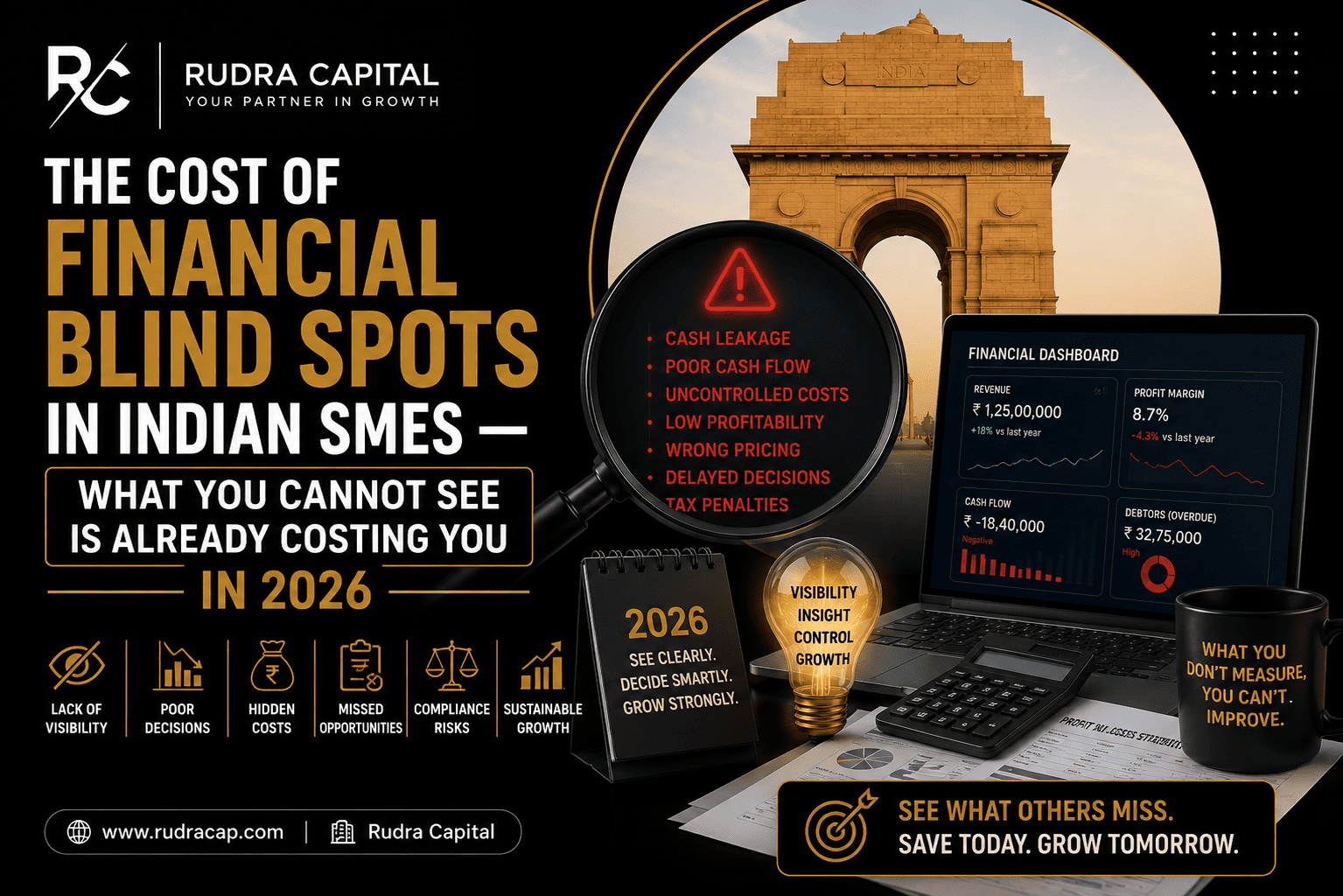 Business infographic illustrating the hidden cost of financial blind spots in Indian SMEs, featuring financial dashboards, business analytics, risk indicators, cash flow concerns, compliance risks, and growth opportunities for Indian businesses in 2026.