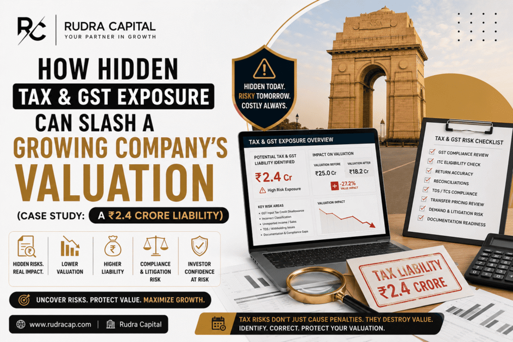 Corporate infographic by Rudra Capital illustrating how hidden tax and GST exposure can significantly reduce a growing company's valuation, featuring a ₹2.4 crore tax liability case study, valuation impact analysis, GST compliance checklist, and tax risk assessment dashboard.