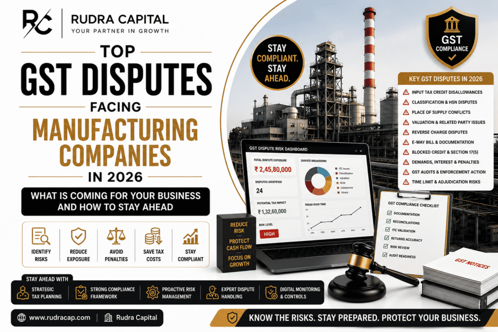 Featured image for a GST compliance blog showing major GST disputes facing manufacturing companies in India in 2026, including ITC disputes, HSN classification issues, E-Way Bill risks, GST audits, penalties, and compliance strategies.