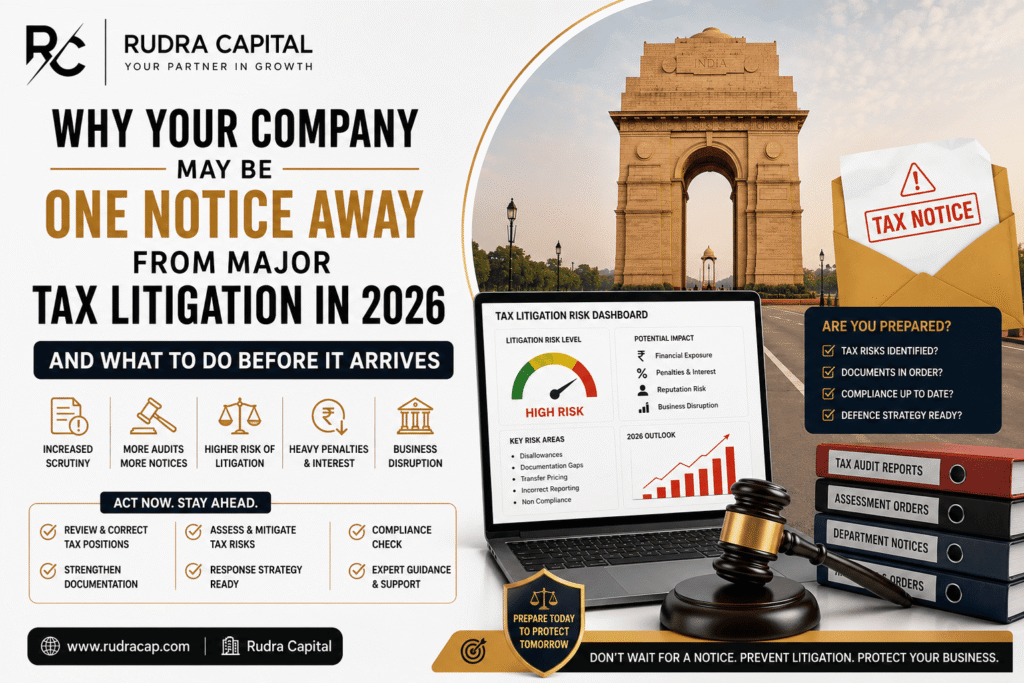 Professional tax advisory featured image showing a tax notice, litigation risk dashboard, legal gavel, compliance documents, and business risk indicators alongside India Gate. The image highlights the growing risk of tax litigation, audits, penalties, and regulatory scrutiny for businesses in India in 2026.