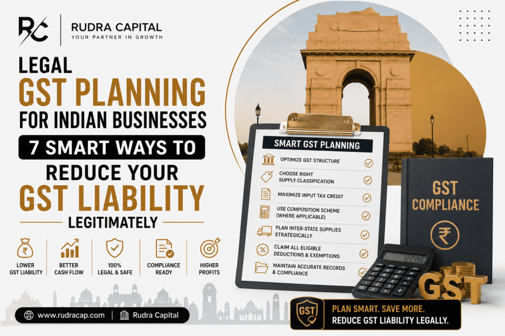 Legal GST planning strategies for Indian businesses showing smart ways to reduce GST liability through compliance, input tax credit optimization, and structured tax planning.