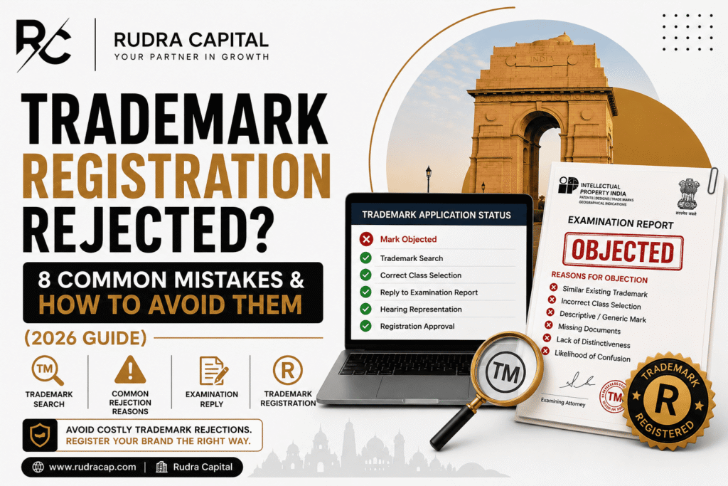 Featured image for a trademark registration guide showing common trademark rejection reasons in India, examination report, objection notice, trademark search process, and brand protection elements in a professional black, white, and gold design.