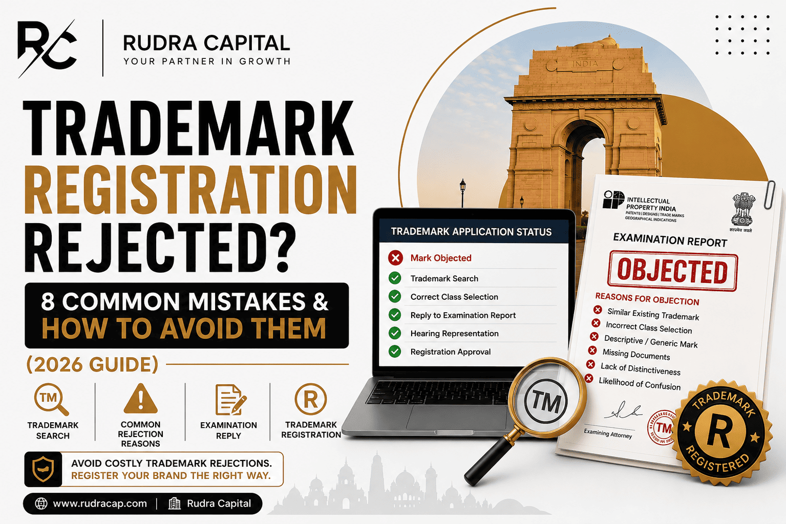 Featured image for a trademark registration guide showing common trademark rejection reasons in India, examination report, objection notice, trademark search process, and brand protection elements in a professional black, white, and gold design.