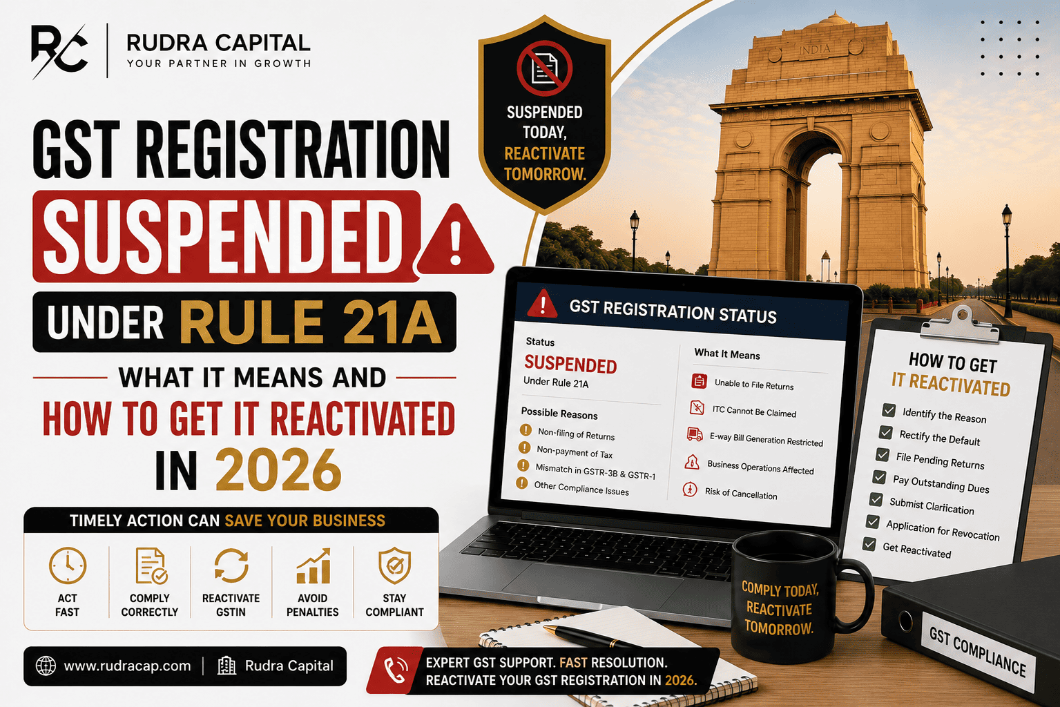GST Registration Suspended under Rule 21A featured image explaining the meaning of GST suspension, reasons for suspension, consequences, and the process to reactivate GST registration in India in 2026.
