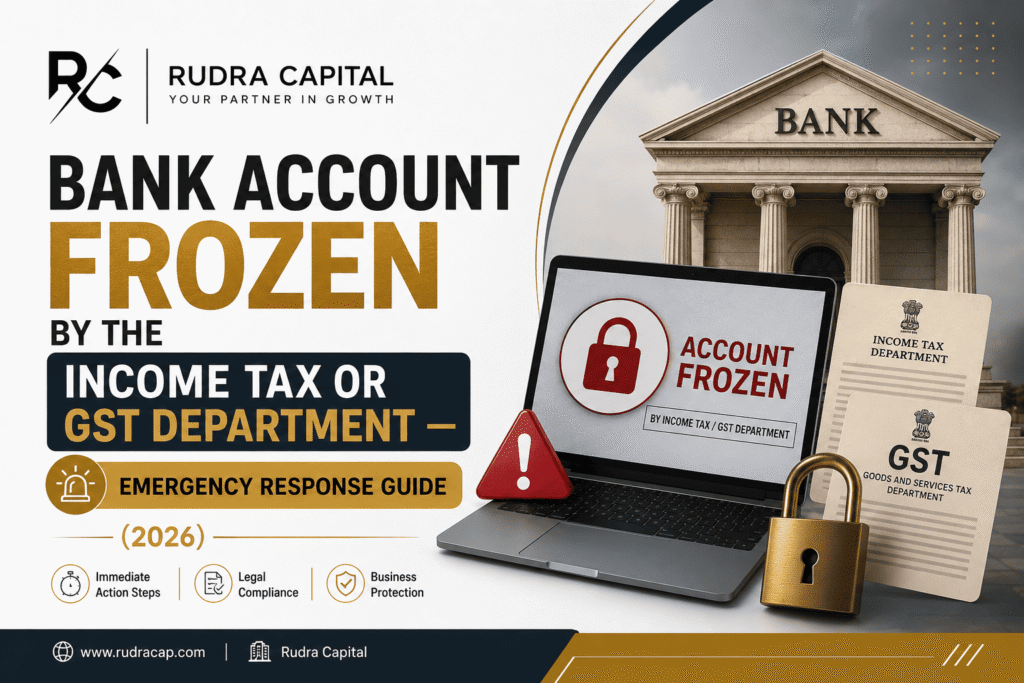 Professional featured image showing a bank account frozen by the Income Tax or GST Department with emergency response guide, bank building, legal notices, laptop warning screen, and security lock for 2026.