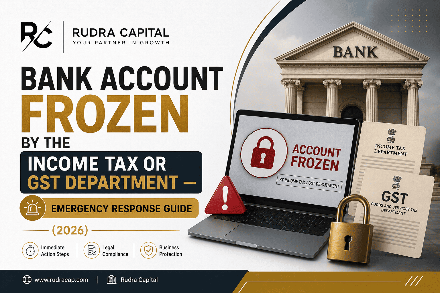 Professional featured image showing a bank account frozen by the Income Tax or GST Department with emergency response guide, bank building, legal notices, laptop warning screen, and security lock for 2026.