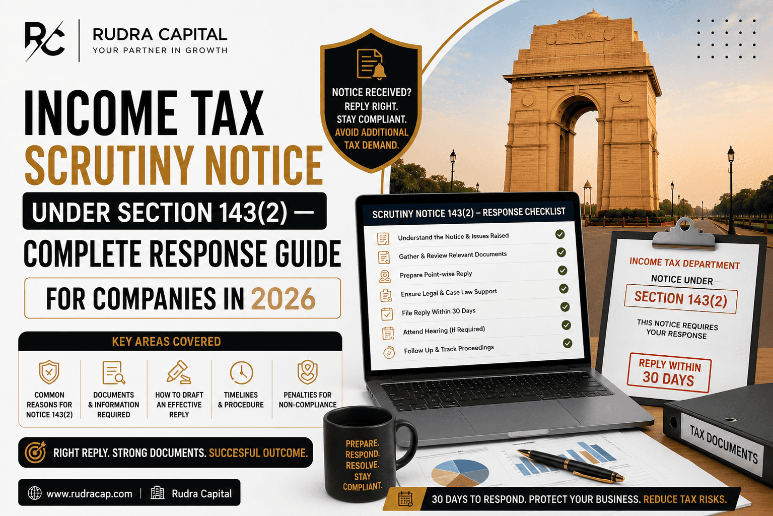 Income Tax Scrutiny Notice under Section 143(2) complete response guide for companies in 2026 featuring notice checklist, compliance documents, response timeline, and tax litigation support by Rudra Capital.