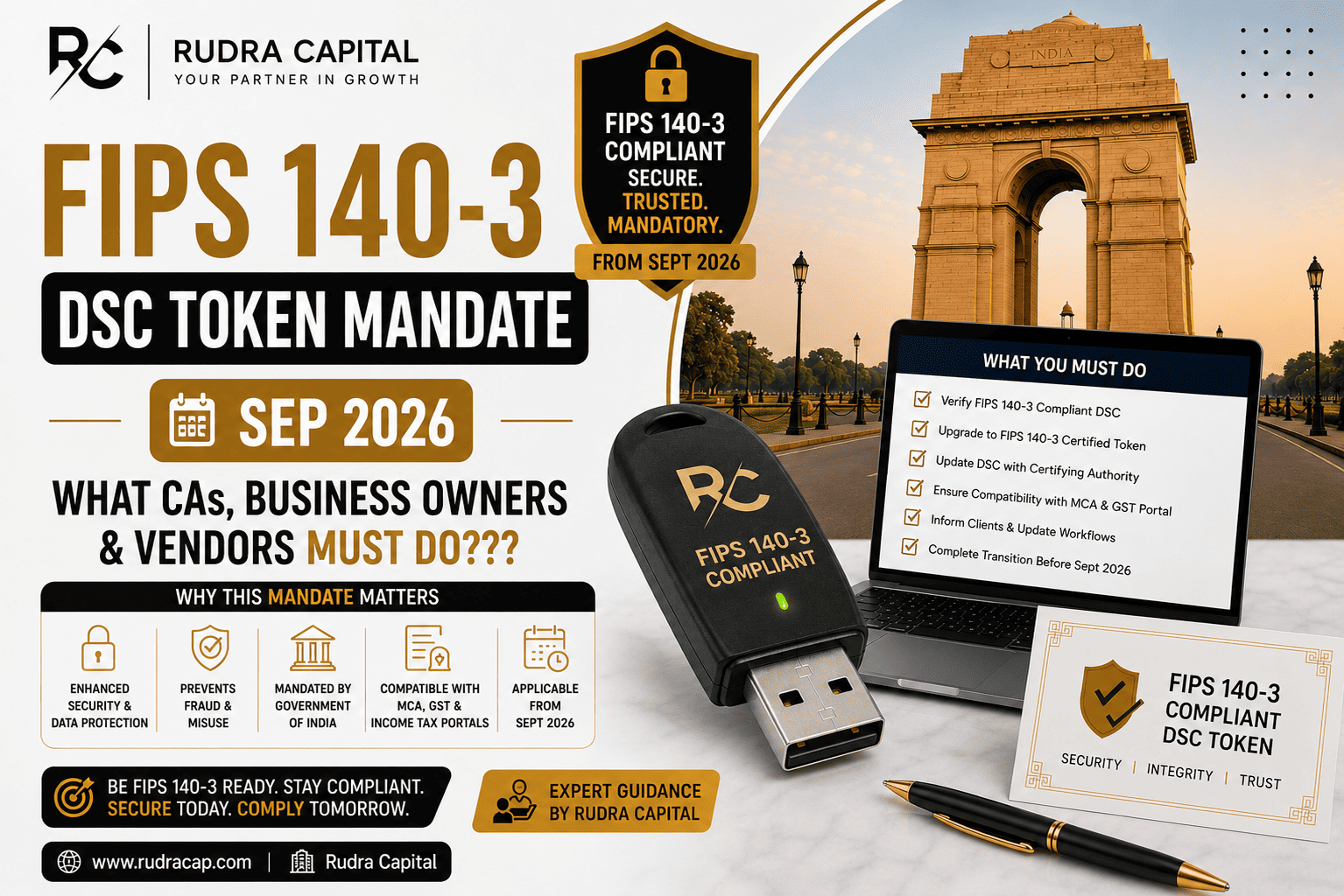 FIPS 140-3 DSC token mandate effective September 2026, with compliance checklist for CAs, business owners and vendors in India