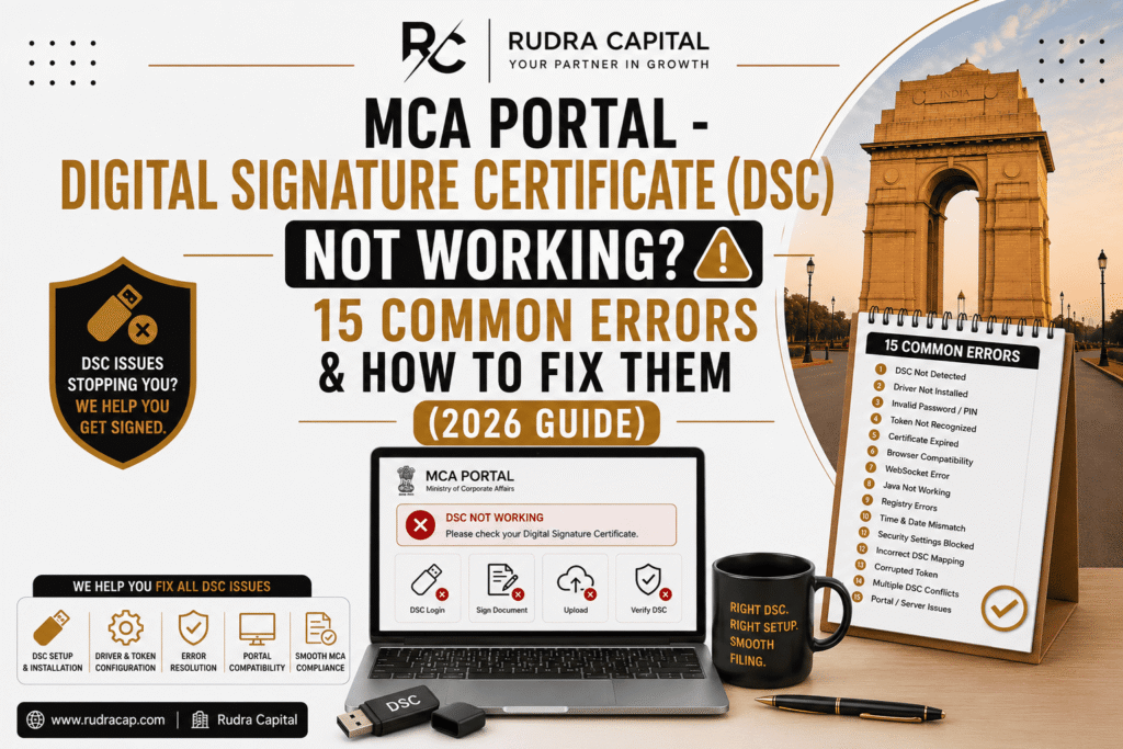 MCA Portal Digital Signature Certificate (DSC) not working with 15 common errors and troubleshooting solutions in 2026.