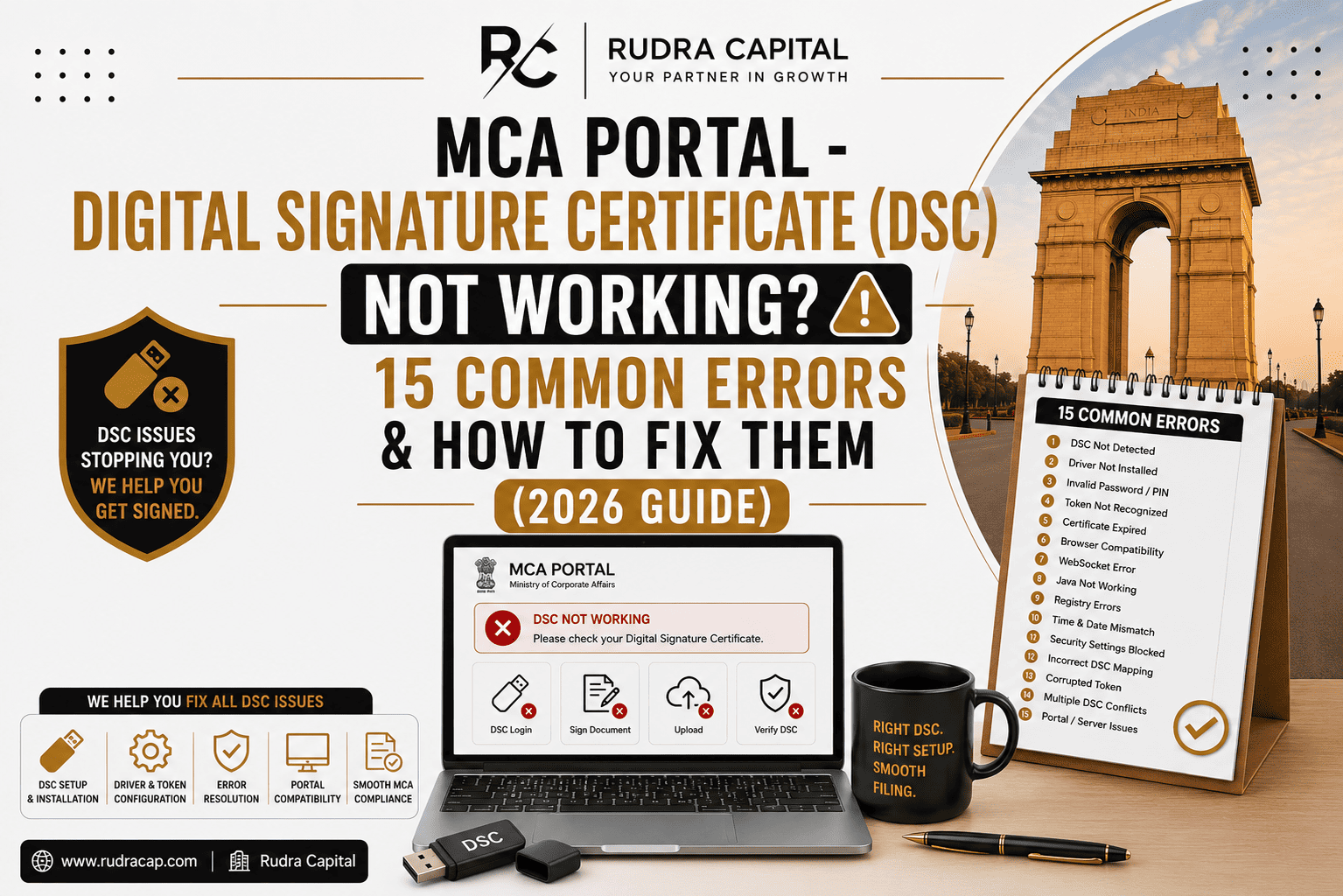 MCA Portal Digital Signature Certificate (DSC) not working with 15 common errors and troubleshooting solutions in 2026.
